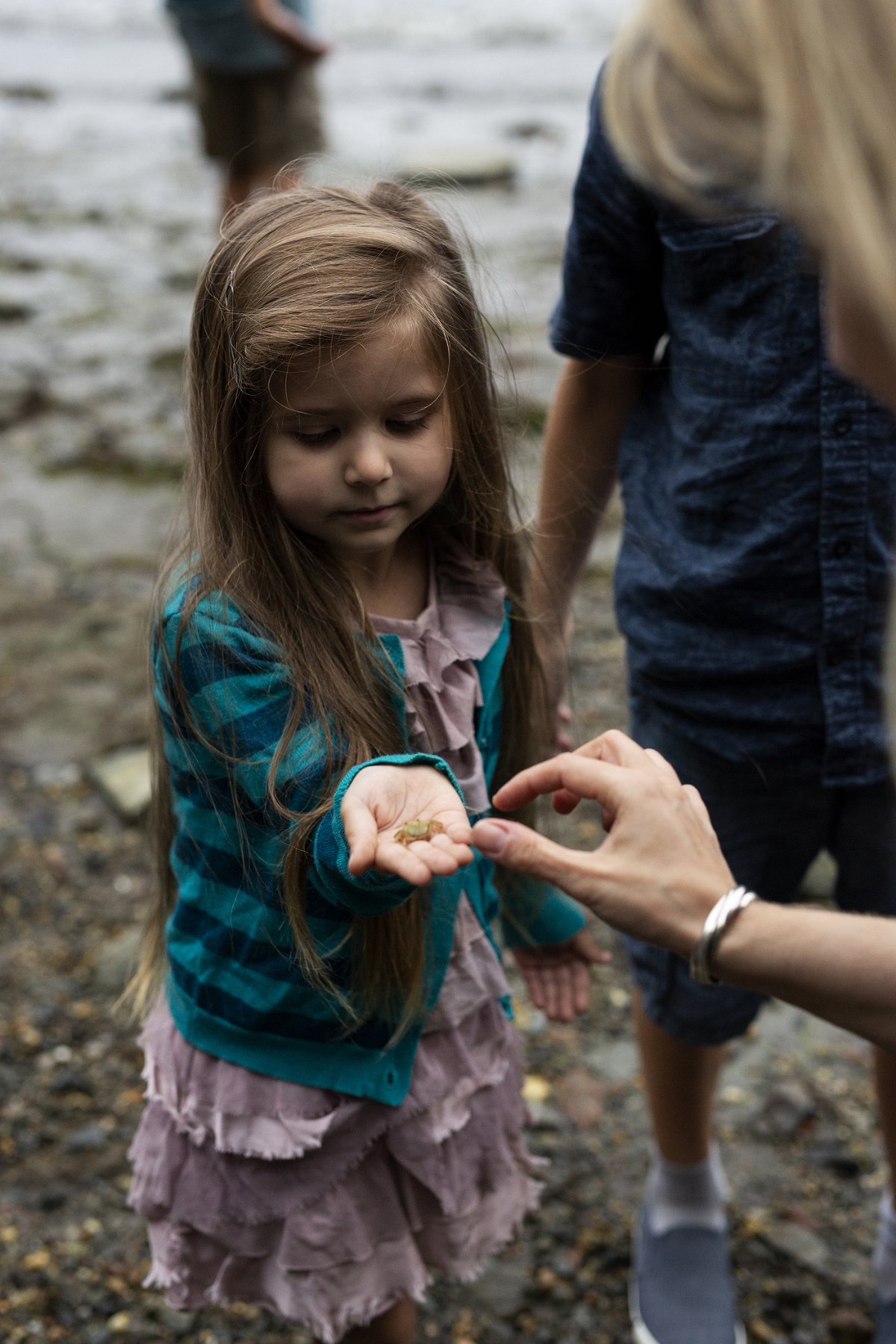a little girl shows her mom a tiny crab she found on the beach documentary photography family